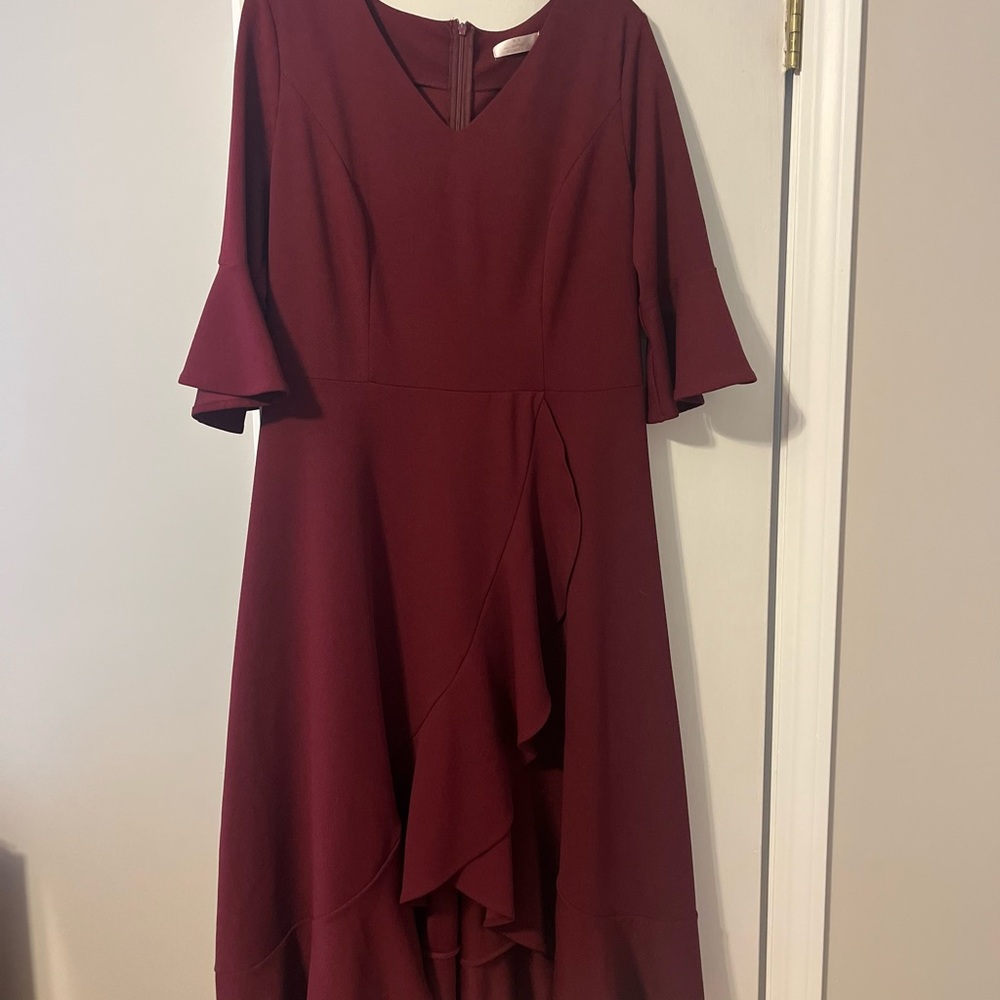 Burgundy Asymmetrical Ruffled High Low Dress with Bell Sleeves
